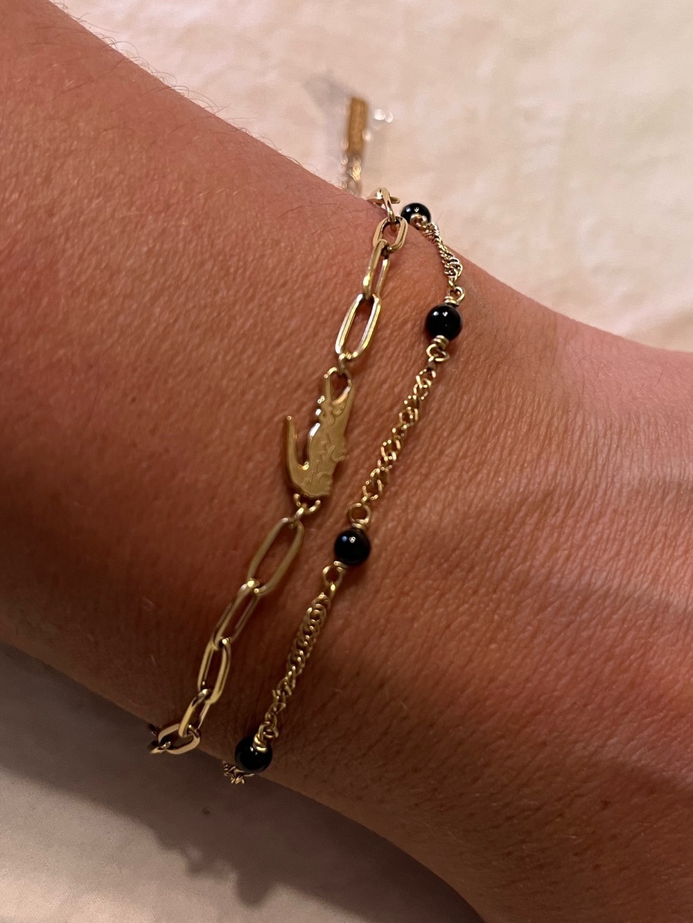 New LACOSTE Deva Black Onyx Stone Bead Crocodile Charm Bracelet